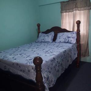 um quarto com uma cama com uma parede azul em Elue's Inn em Mahaut