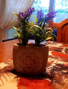 eine braune Vase mit lila Blumen auf einem Tisch in der Unterkunft Departamento FAMILY in Mendoza