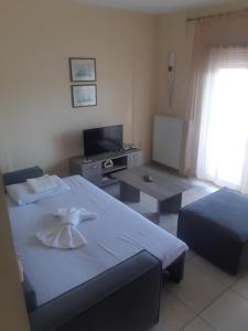 een hotelkamer met 2 bedden en een televisie bij Апартамент в Керамоти in Keramotí