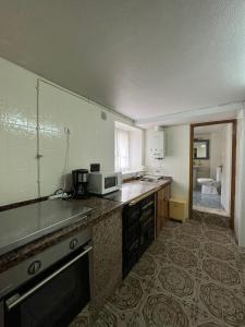 eine Küche mit einer Spüle und einer Mikrowelle in der Unterkunft ApartamentosArturo CasaRural Pancarale-Llanes in Llanes