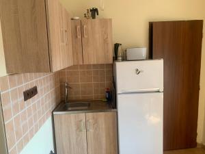 uma cozinha com um frigorífico branco e um lavatório em Ubytování v apartmánu, 2 ložnice, na farmě em Bžany