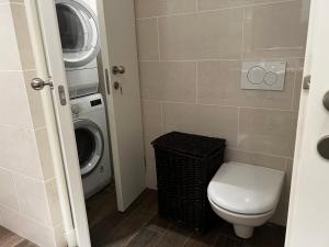 Un baño con inodoro y lavadora. en Lustica bay Studio for rent, en Tivat 15 fotos más