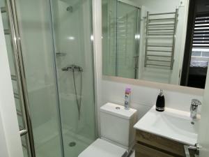 a bathroom with a shower and a toilet and a sink at Claro Centro Temuco in Temuco