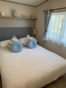 a bedroom with a bed with blue pillows and a window at Meadows 3 NEW BEACH HOLIDAY PARK in Dymchurch