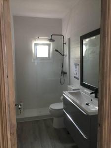 a bathroom with a toilet and a sink and a mirror at Chalet con piscina cerca playa in La Venteta