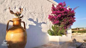 a large vase sitting next to a wall with flowers at Paradise Sea Terrace in Monopoli