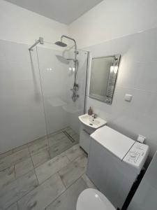 y baño con ducha, aseo y lavamanos. en SDH 1 Radzymin comfortable apartment near Warsaw, en Radzymin