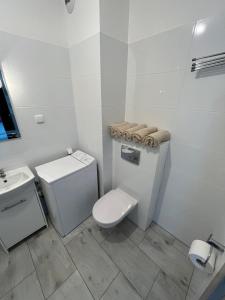 Baño blanco con aseo y lavamanos en SDH 1 Radzymin comfortable apartment near Warsaw, en Radzymin