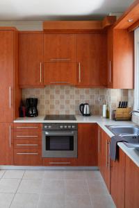 uma cozinha com armários de madeira e um fogão em Hestia Maisonette em Arónion