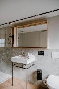 a bathroom with a sink and a mirror at Hotel Müllers Self-Check-In in Arbon