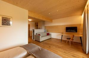 Cette chambre comprend un lit et un bureau avec une télévision. dans l'établissement Pircherhof - Adults Only am Bauernhof, à Pöllau