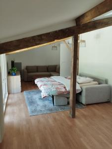 een woonkamer met een bed en een bank bij Guest house aux portes du Bassin d'Arcachon in Mios