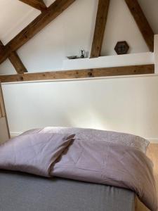 a bed with a purple comforter in a room at Luxe, landelijke vakantiewoning der alte Birnenbaum Duitsland-Sankt Wendel in Sankt Wendel