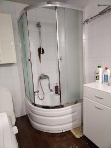 a bathroom with a shower and a bath tub at Квартира у моря в Абхазии Сухум in Sukhum