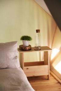 a table with a glass bottle and a plant on it at Glamping Tent Water Village Rogla in Oplotnica