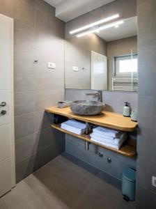 a bathroom with a sink and a mirror at Apartments Vila Apolonia in Ljubljana +27 photos