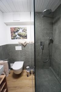 La salle de bains est pourvue d'une douche et de toilettes. dans l'établissement Höllkopf - Stubenhof, Black Forest, à Simonswald