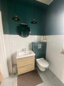 a bathroom with a sink and a toilet and a mirror at Malanówka 1 in Radęcin +31 photos
