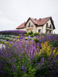 una casa con flores púrpuras delante de ella en Apartamenty, Zielone Wzgórze Wiktora w Mikołajkach en Mikołajki