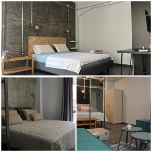 two pictures of a bedroom with a bed and a table at Virginia's Boutique Apartments in Athens