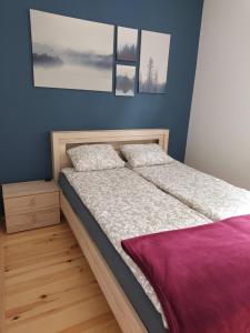 uma cama num quarto com duas almofadas em Apartament Rent Home em Krynica Zdrój