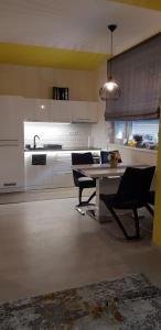 een keuken met een tafel en stoelen en een wastafel bij Alex Apartman in Békéscsaba