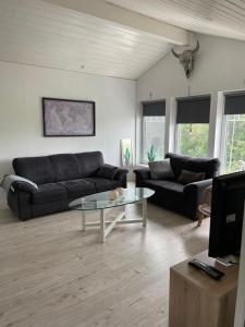 a living room with a black couch and a glass table at Villa Båthamnsgatan in Söråker