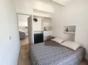 Un dormitorio con una cama y un espejo grande. en Beau T2 sur le vieux port, centre de Bastia, en Bastia