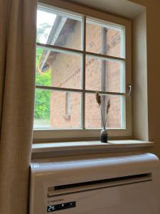 a window with a vase with a plant in it at Marių Banga in Nida +12 photos