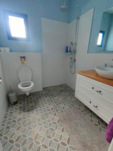 a bathroom with a white toilet and a sink at Desert Path in Beʼer Ora