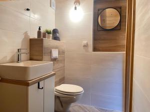 een badkamer met een toilet, een wastafel en een spiegel bij Apartment house GAIA in Gajac +77 foto's