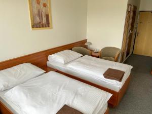 Zimmer mit 2 Betten, einem Tisch und Stühlen in der Unterkunft Retro Hotel Suza in Bratislava