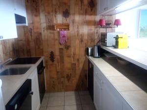 a kitchen with a sink and a wooden wall at Apartment Centaure B RS 2 by Interhome in Ovronnaz +8 photos