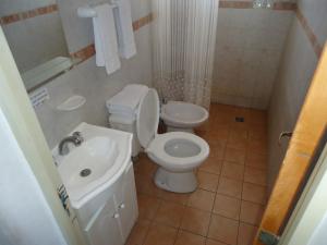 a small bathroom with a toilet and a sink at Las Cuatro Estaciones in San Rafael