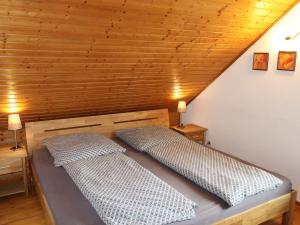 ホークジールにあるHoliday Home Mee - hrzeit - HOK106 by Interhomeの木製天井のドミトリールームのベッド2台分です。