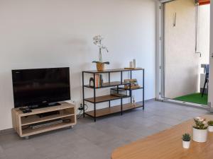 a living room with a flat screen tv on a stand at Apartment Residenza Monte Bré - Apt-204 Haus2 by Interhome in Lugano
