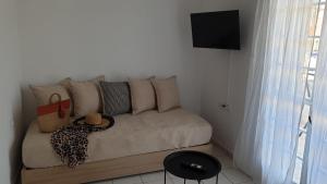 a living room with a couch and a tv at Sivotahomes-family in Sivota
