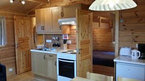 a kitchen with a stove and a sink in a cabin at Mid Hvoll Cottages in Suður Hvoll +24 photos
