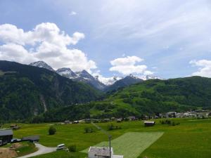 a green field with mountains in the background at Apartment Utoring Acletta-155 by Interhome in Disentis