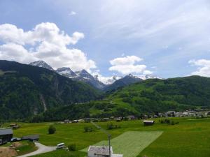 un campo verde con montañas al fondo en Apartment Utoring Acletta-155 by Interhome, en Disentis