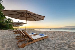 a group of lounge chairs and an umbrella on a beach at Colibri Beach Villas in Ilha de Boipeba