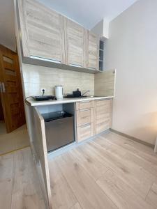 a kitchen with wooden cabinets and a sink at 09 Gdynia Centrum - Apartament Mieszkanie dla 2 os in Gdynia
