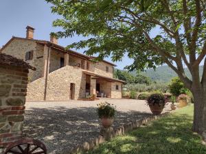 una vista exterior de una casa de piedra con un árbol en Casale I Burroni, en Arezzo