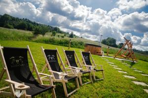 eine Reihe von Gartenstühlen auf einem Feld in der Unterkunft Rajderówka in Kreisau