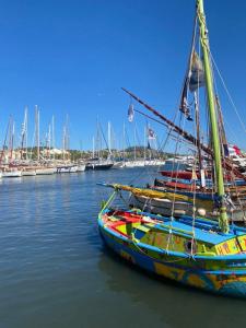 a colorful boat sitting in the water with other boats at Chez Mel et Manu in Sanary-sur-Mer