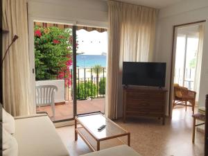 a living room with a television and a view of the ocean at Apartamentos Bahia in Benidorm