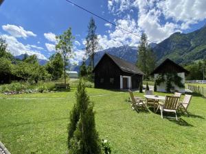 einen Garten mit einem Tisch und Stühlen sowie einer Hütte in der Unterkunft Chalet am Weißenbach in Hinterstoder