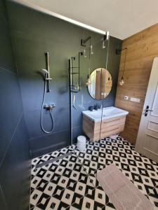 ミート・ポッド・ドゥンビエロムにあるArtur Apartment Mytoのバスルーム(シャワー、シンク、鏡付)