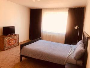 a bedroom with a bed and a television and a window at Summit guest house in Ulaanbaatar