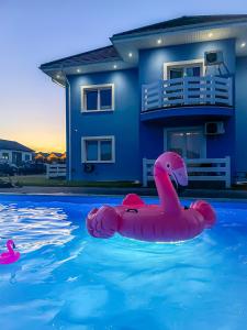 un cisne rosa flotante en una piscina frente a una casa en Willa Azul - Podgrzewany basen, klimatyzacja w całym obiekcie, en Sarbinowo